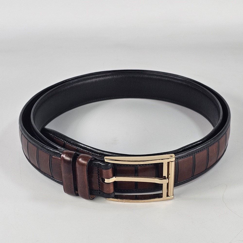 Mezlan Mens Brown Black Leather Paneled Dress Belt Gold Buckle Size 42 Spain